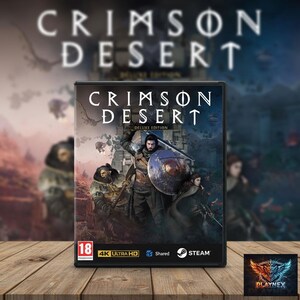 Könnte beinhalten: Videospielbox für "Crimson Desert Deluxe Edition" mit einem Krieger mit Schwert und Schild. Der Titel ist weiß, mit den Logos für Bewertung, 4K Ultra HD und Steam. Der Hintergrund ist ein verschwommenes Bild einer Landschaft.