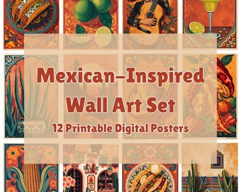 Mexican-Inspired Wall Art Bundle (12 Printables) | Restaurant Decor | Home & Kitchen Decor | Cantina | Cafe | Talavera Style | Taco Poster