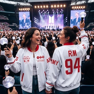 Op de afbeelding: Twee vrouwen in witte jassen met rode accenten en tekst, zwaaien met lichtgevende wands op een concert. De jassen hebben de tekst "BTS", "ARMY" en "RM 94". De achtergrond toont een podium met artiesten en een groot publiek.