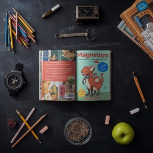 May include: An overhead shot of various objects on a dark surface, including a watch, pencils, a magazine titled "Magnetism", a green apple, and a small clock. The magazine features a cartoon dinosaur. The objects are arranged in a visually appealing composition.