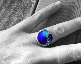 Silver and blue enamel ring