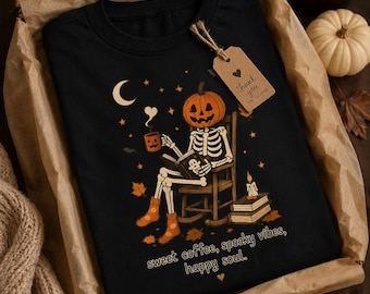 Sweet Coffee Spooky Vibes Happy Soul T-Shirt PNG, Cute Halloween Ghost Digital Download, Gothic Aesthetic Tee Design, Instant Download