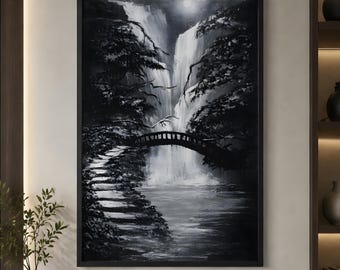Moonlit Waterfall Wall Art PNG, Dark Fantasy Landscape Printable, Gothic Nature Art, Black and White Waterfall, Moody Night Scene