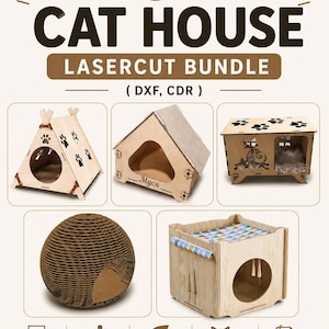 Puede incluir: Imagen promocional que muestra un paquete de casas para gatos cortadas con láser. La imagen presenta varios diseños de casas para gatos, incluyendo un tipi, una estructura en forma de casa y una cama en forma de cubo. El texto incluye "10+ CAT HOUSE LASERCUT BUNDLE" e iconos.