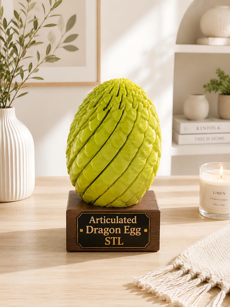 Pu&ograve; includere: Una scultura di uovo di drago articolato verde lime brillante con una superficie testurizzata simile a scaglie. L'uovo &egrave; montato su una base rettangolare in legno marrone scuro con una placca metallica nera con il testo dorato Articulated Dragon Egg STL.