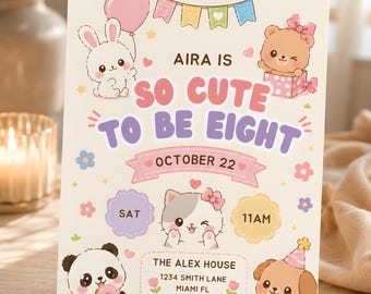Editable Birthday Invitation Template for Girl, Instant Download, Kids 8th Birthday Party, Cute Floral Invite, Digital Card, Canva Template