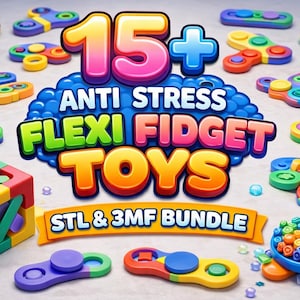 May include: An assortment of colorful Flexi Fidget Toys, including spinners and geometric shapes, are displayed. The image features the text "15+ ANTI STRESS FLEXI FIDGET TOYS STL & 3MF BUNDLE" in a vibrant, eye-catching design. The toys are in various bright colors.
