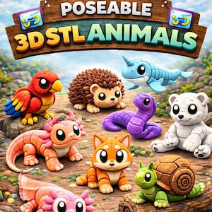 Puede incluir: Imagen vibrante que muestra modelos de animales STL 3D. La imagen presenta una variedad de figuras de animales articuladas y coloridas, incluyendo un loro, un erizo, un narval, una serpiente, un oso polar, un ajolote, un zorro y una tortuga. El texto en la parte superior dice "70+ Articulated 3D STL Animal Models".