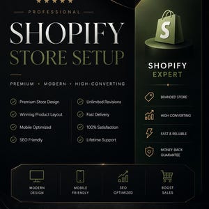 Peut inclure: Publicité pour la configuration de boutique Shopify. Le design présente les mots "Shopify Store Setup" en grandes lettres blanches. Le texte supplémentaire comprend "Premium, Moderne, à forte conversion" et des icônes représentant les services.
