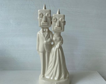 Robot couple Handmade ceramic Wedding Cake Topper