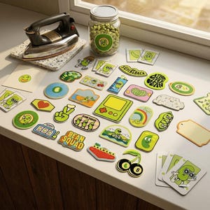 Peut inclure: Une collection d'autocollants colorés représentant divers personnages de haricots, une console de jeu portable, une machine à sous et du texte incluant "SUPERSHACK", "THE ONLY BEAN" et "BEAN SQUAD", disposés près d'un bocal de haricots et d'un fer.