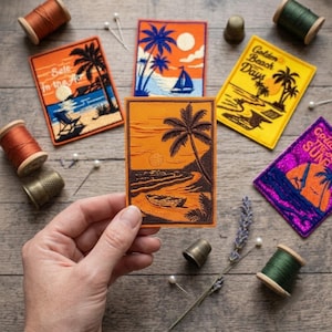Naszywka Retro Beach Wave, haftowane naszywki z motywem zachodzącego słońca i drzewa kokosowego, estetyczna naszywka dekoracyjna DIY na plecak, kurtkę, koszulkę