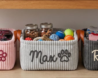 Personalized Pet Toy Basket, Custom Dog Name Toy Box, Embroidered Puppy Storage Bin, Fabric Toy Organizer with Leather Handles, Dog Gift