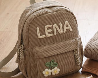 Custom Corduroy Backpack Personalized Kids Name School Bag Embroidered Toddler Bookbag Cute Butterfly Flower Crochet Birthday Gift Pack