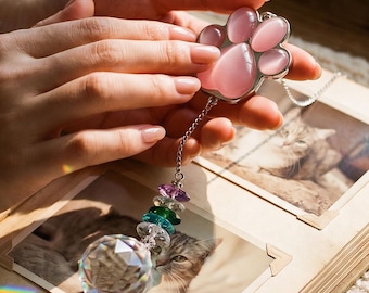 Cat Eye Stone Paw Print Suncatcher, Pet Memorial Gift, Rainbow Maker Prism, Dog Loss Sympathy Gift, Window Hanging Crystal Decor