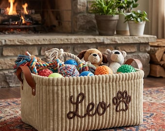 Personalized Dog Toy Storage, Custom Pet Name Basket, Embroidered Corduroy Toy Bin, Puppy Christmas Gift, Durable Dog Toy Organizer