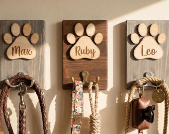 Personalized Puppy Leash Rack, Custom Wood Paw Sign, Dog Tail Hook, Mudroom Pet Storage, Fur Baby Gift, Housewarming Gift for Pet Owners
