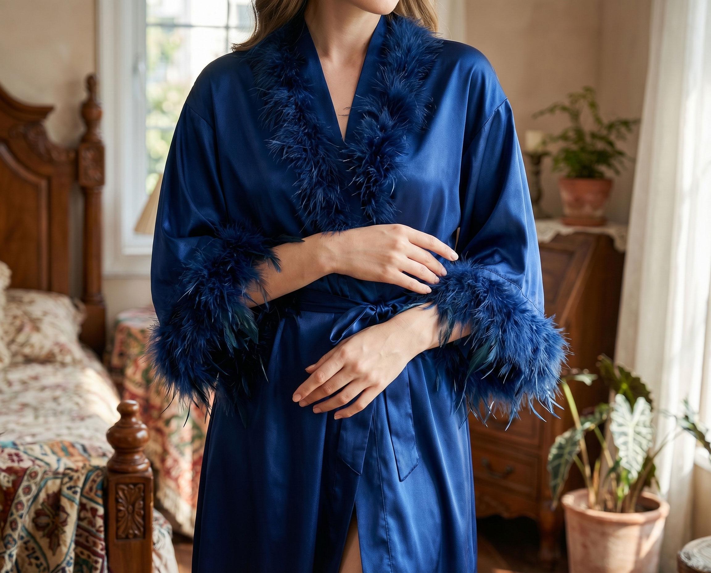 Feather Lined Robe Bridal Feather Robe, Satin Wedding Morning Gown With Ostrich Feather ...