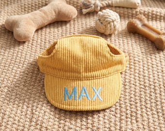 Personalizowana czapka dla psa z kordu z imieniem | Haftowana czapka przeciwsłoneczna dla zwierząt z otworami na uszy | Personalizowany daszek dla szczeniaka | Regulowany dodatek dla zwierząt