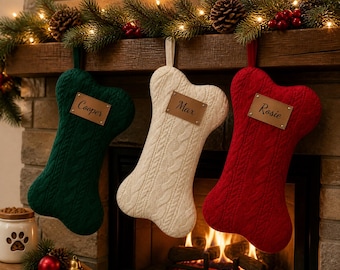 Personalized Dog Christmas Stocking, Laser Engraved Pet Name Plaque, Custom Bone Shape Christmas Decor, Holiday Gift for Dog Lover