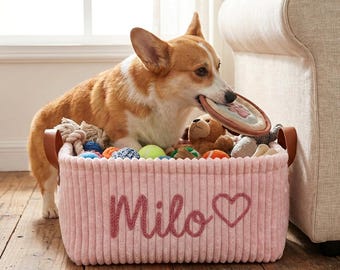 Custom Pet Toy Storage Basket, Embroidered Dog Basket with Name, Soft Corduroy Dog Toy Bin, Personalized Puppy Gift, Pet Organizer