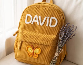 Personalized Name Toddler Backpack Custom Embroidered Kids School Bag Corduroy Preschool Bookbag with Cute Crochet Charm Birthday Gift
