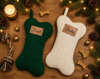 Personalized Dog Christmas Stocking, Laser Engraved Pet Name Plaque, Bone Shaped Knit Holiday Decor, Holiday Gift for Dog Lover