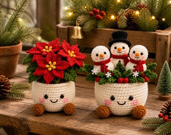 Christmas Crochet Table Decor, Cute Face Planter, Cute Winter Home Decor, Cheerful Table Display, Christmas Gift for Friends
