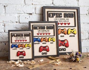 Personalized Gamer Dad Sign, Custom Kids Names Controller Plaque, Gift for Husband, Gaming Father's Day Gift, Wood Game Room Decor