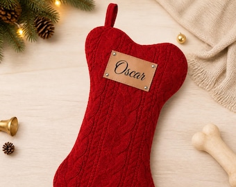 Personalized Dog Christmas Stocking, Custom Laser Engraved Name Plaque, Knit Bone Shape Holiday Stocking, 2026 Xmas Gift