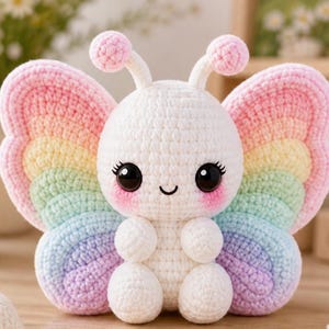 May include: A handmade crochet butterfly with a white body, pink cheeks, and large black eyes. The butterfly's wings are a rainbow of colors, including pink, orange, yellow, green, blue, and purple. The butterfly is sitting on a wooden surface.