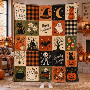 Vintage Halloween Patchwork Blanket, Ghost Black Cat Pumpkin Throw, Skeleton Witch Fall Decor, Spooky Cottagecore Halloween Gift