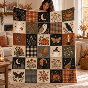Vintage Halloween Patchwork-Decke, schwarze Katze, Geist, Eule, Krähe, Kürbis, gruselige Herbstdecke im Cottagecore-Stil, Halloween-Geschenk
