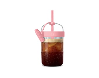 Iced Coffee Tumbler | Ribbed Glass with Straw | Pink Travel Cup