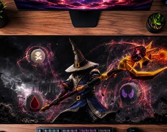 May include: A rectangular desk mat featuring a dark fantasy illustration of a wizard in a pointed hat holding a glowing golden staff with a red gem. The design includes floating circular icons with a skull, a blood drop, and purple eyes.