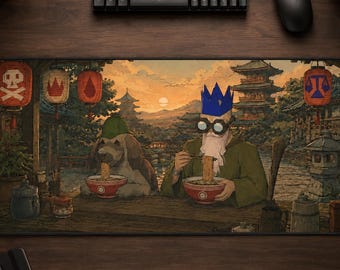 May include: A rectangular desk mat featuring a detailed illustration of a dog and a bearded figure wearing a blue crown and goggles, both eating noodles at a wooden table. The scene includes hanging lanterns with symbols and a sunset landscape.