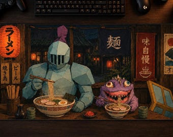May include: A rectangular desk mat featuring a digital illustration of a knight in blue armor and a purple monster eating ramen in a dimly lit shop. The scene includes Japanese text on lanterns and banners, a mountain print, and wooden shop details.