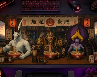 May include: A rectangular desk mat featuring a fantasy illustration of three creatures eating ramen in a shop. The scene includes a white dragon, a golden armored figure, and a purple spider-like being, all with bowls of noodles and Japanese text.