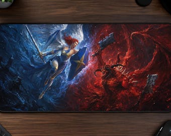 May include: A rectangular desk mat featuring a high-contrast fantasy illustration. On the left, a winged figure with a sword and shield in blue tones. On the right, a horned, demonic creature in red tones. The design depicts a battle scene.