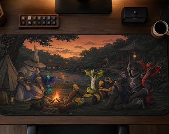 May include: A rectangular desk mat featuring a fantasy illustration of a wizard, a knight, and small dragon creatures gathered around a campfire by a lake at sunset. The scene includes a tent, a wooden bridge, and a pavilion under a dark orange sky.