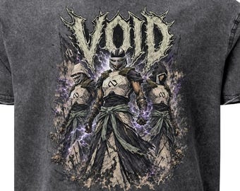 May include: A charcoal grey acid-wash t-shirt featuring a graphic print of three armored figures standing amidst purple lightning. The word VOID is printed in a jagged, distressed font above the figures, who wear masks and layered robes.