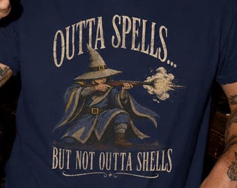 OSRS Funny Wizard Gun Shirt, Vintage Outta Spells But Not Outta Shells Tees, Dark Humor Fantasy Shirts, RuneScape Wizard Graphic Tee