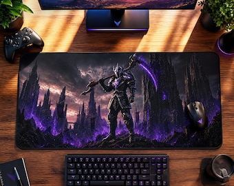 May include: A rectangular desk mat featuring a dark fantasy illustration of a knight in black armor holding a glowing purple scythe. The scene depicts a jagged, gothic castle landscape under a dramatic sunset sky with vibrant purple energy.