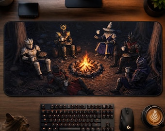 May include: A rectangular desk mat featuring a digital illustration of six armored figures sitting around a campfire in a dark forest. Each figure wears distinct metal armor and holds a white mug, with some eating from plates while gathered on logs.