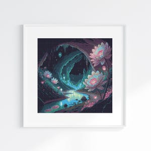May include: A framed digital art print depicting a fantasy scene. The artwork features a glowing cave with a river, illuminated by soft blue and pink light. Large, detailed flowers with pink petals and blue centers are in the foreground.