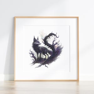 May include: A square framed wall art piece featuring a dark, textured illustration of a fox standing amidst twisted, thorny branches. The fox is rendered in shades of deep purple, black, and charcoal, set against a clean, white background.