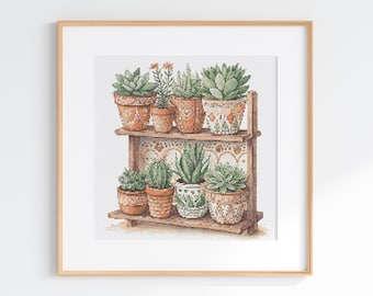 Houseplant Cross Stitch Pattern – Potted Plants Window Chart (Digital PDF)