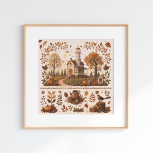 May include: A framed cross-stitch embroidery featuring a lighthouse scene surrounded by autumn foliage, pumpkins, and a bird. The design includes a central lighthouse, trees with orange and brown leaves, and decorative borders with seasonal motifs.