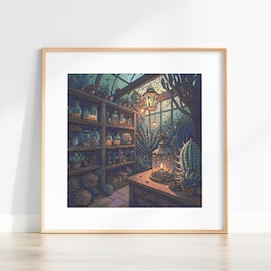 May include: A framed print depicting a pixelated illustration of a greenhouse interior. The image shows shelves laden with potted plants and jars, a table with a cactus, and hanging lanterns, all illuminated by a gentle, warm glow.