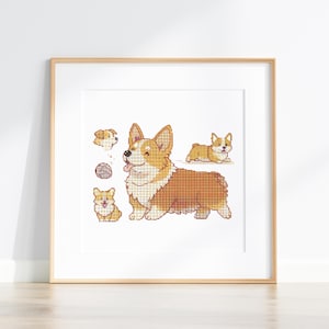Può includere: Un'opera d'arte incorniciata con un disegno a punto croce di un cane corgi in varie pose. Il corgi è raffigurato in tonalità marroni, bianche e beige. Sono inclusi anche un gomitolo di lana e altre illustrazioni di corgi.